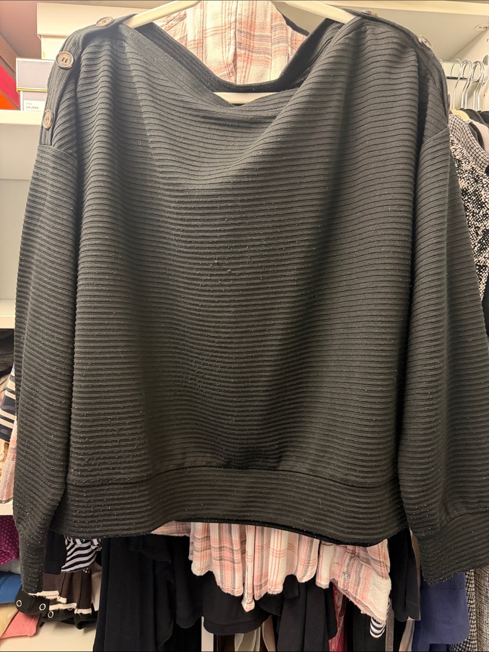 H&M Black Ribbed Off-Shoulder Button-Sleeve Sweater
